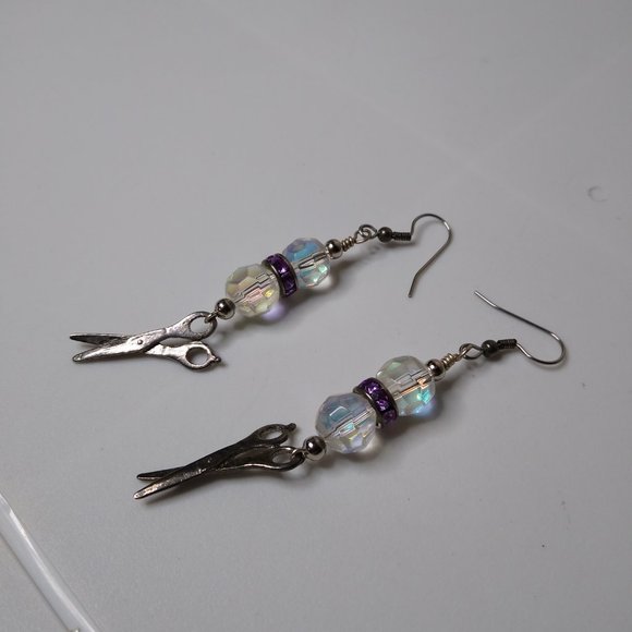 Vintage Glass Bead Metal Scissors Dangle Earrings - Picture 2 of 15